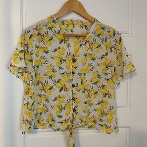 Pink Rose Lemon 🍋 Print Tie Front Textured Crepe Stretch Short Sleeve Summer Top